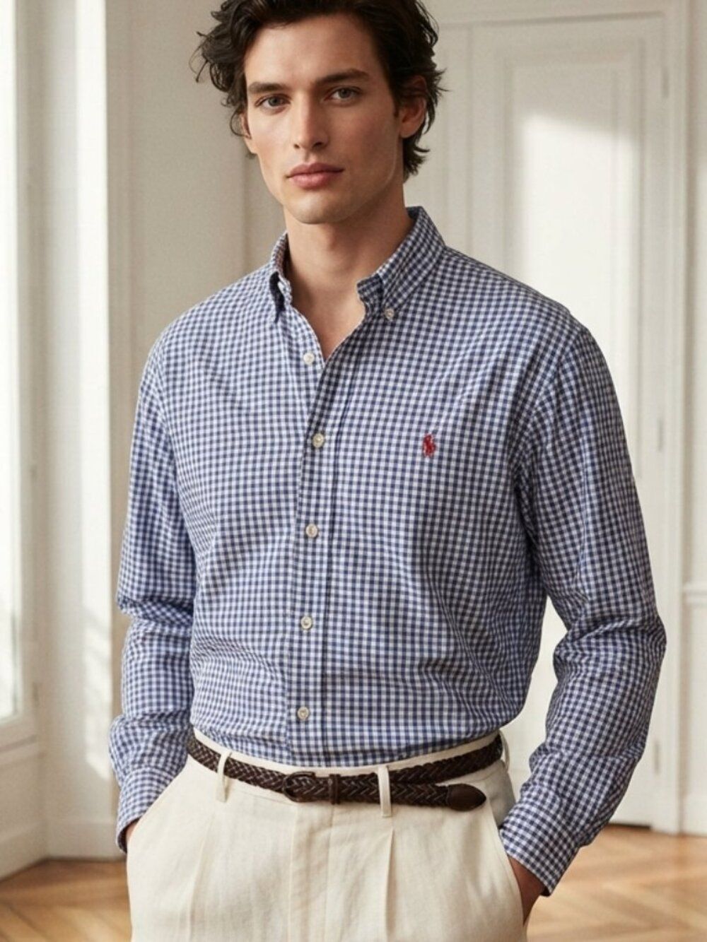 Ralph Lauren Blaire Collection Blue and White Plaid Shirt Size Large